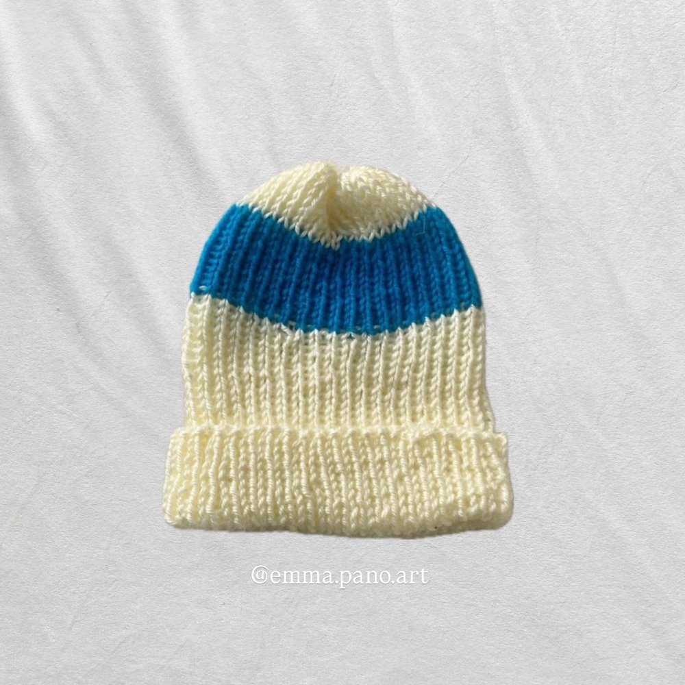 cream and blue striped ribbed fisherman style beanie hat